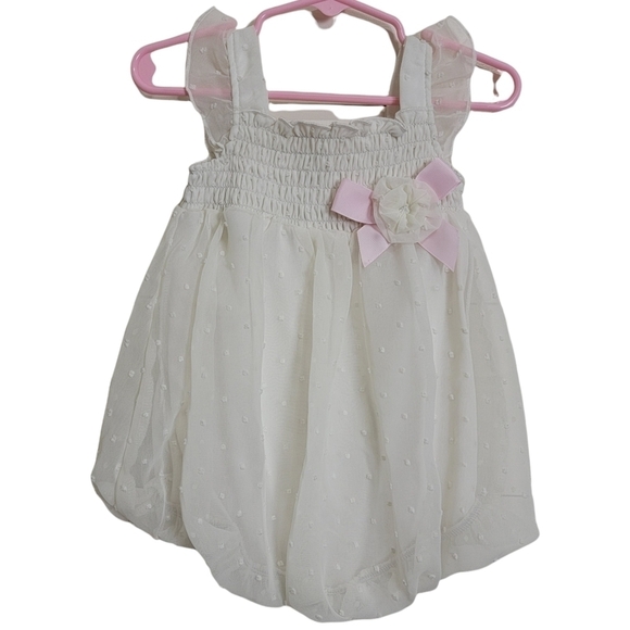 Baby Essentials Cream Swiss Dot Chiffon Onesie Snap Rosette Ruffle Dress 12M - Picture 1 of 5